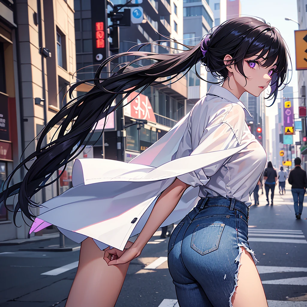 1girl, black hair, light glowing purpleeyes, wearing white sexy shirt, denim shorts, city, absurdres, high res, ultrasharp, 8K, masterpiece, looking at viewer from behind