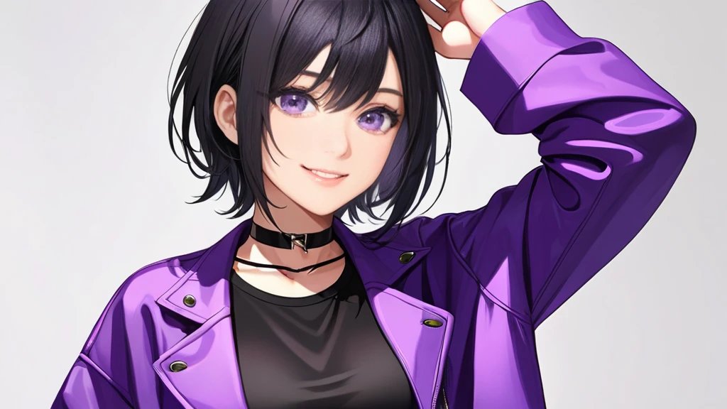 (white background:1.1), (Lighting:1.1), (Shadow:1.1), Tomboy Girl, Smart, Mature, Sexy, Short black hair, Black Plain chokers, purple pupil eyes, Wearing sleek black crop top under short purple jacket, Smiling.