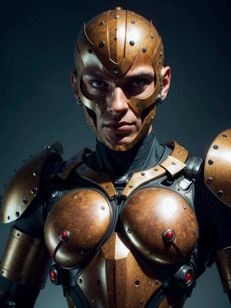 (best quality, masterpiece, highest detailed), (photorealistic:1.2), (detailed light:1.2), (Realistic skin texture:1.4), raw photo, professional portrait, cyborg, man and cyborg, symbiosis, semi-mechanical head, mechanical body , old rusty armor, powerful exoskeleton, night, Night City, dim light, dim color, gloomy lighting, (looks at the viewer)