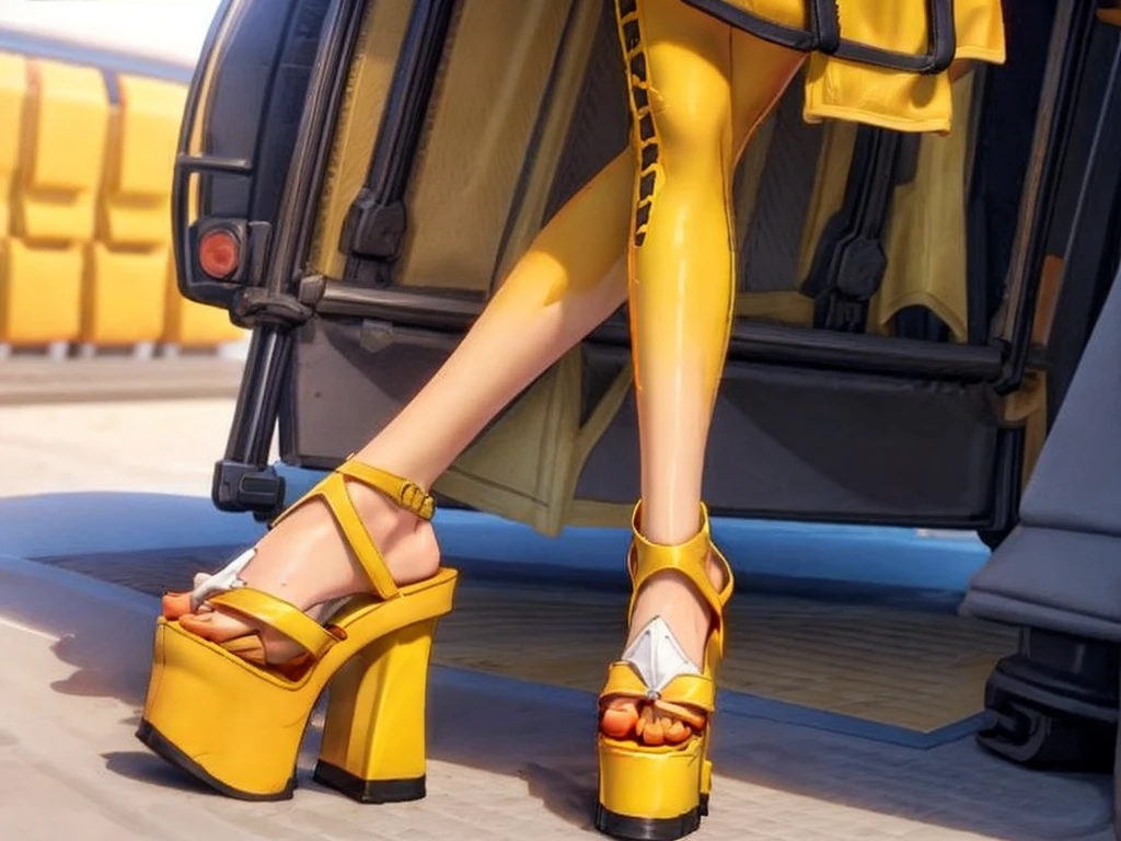 Tracer, yellow bikini, beach, ((yellow open-toed platform high heels, nsfw)), sexy standing pose, front view, blushing, freckles, looking at viewer, small breasts,