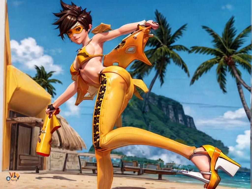 Tracer, yellow bikini, beach, ((yellow open-toed platform high heels, nsfw)), sexy standing pose, front view, blushing, freckles, looking at viewer, small breasts,