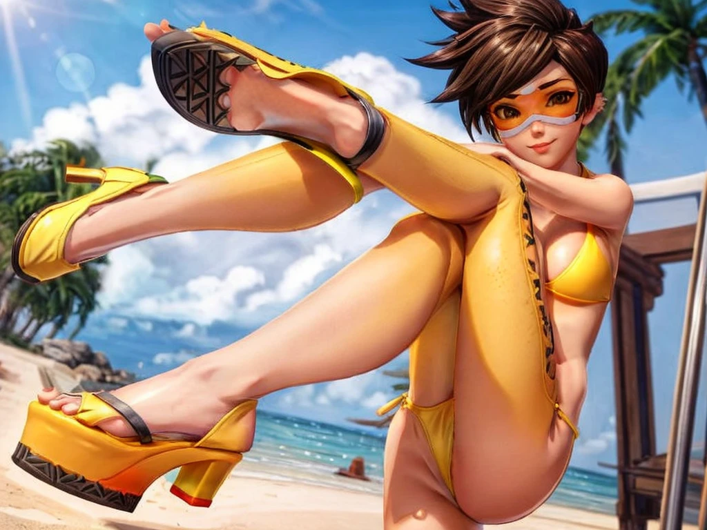 Tracer, yellow bikini, beach, ((yellow open-toed platform high heels, nsfw)), sexy standing pose, front view, blushing, freckles, looking at viewer, small breasts,