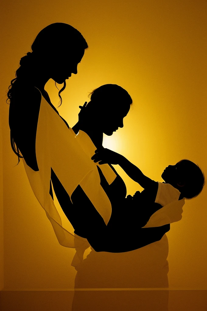 The silhouette of a mother taking care of a baby, de forma abstracta con colores alegres y exprese ternuura