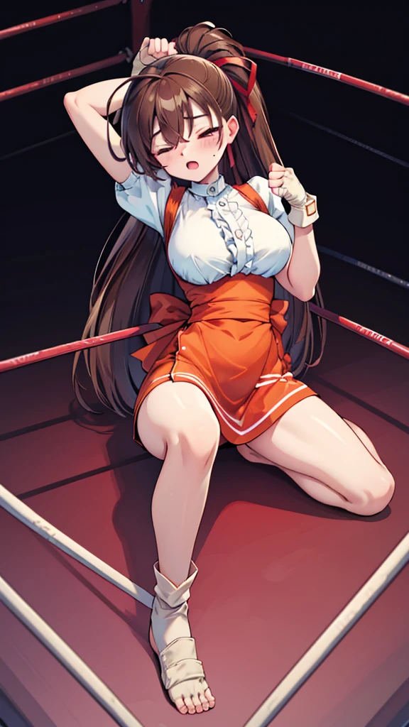 Highest quality，masterpiece，Lying down，sleep，レスリングのリングにLying down, WWE Divas，Wrestling Arena，Wrestling ring background, Boxing ring background, 胎児の姿勢で仰向けにsleep, scratch, Bruising and bleeding, Lack of stamina, ryona, Hitting a girl, death is near，タケユカ 超ロングヘア ヘアribbon, Frilled shirt, Underbust, ribbon, Fingerless gloves, White gloves, Waist apron, Orange Skirt, socks, Toeless legwear，winner, Nice, winner, (Moaning , Open your mouth), ((Leaning on the ground, 仰向けにsleep, 地面にsleep, lose consciousness, Unconscious, Fold your knees，Lower your arms)), (Long belly), (Clenched fist, Tilt your head),