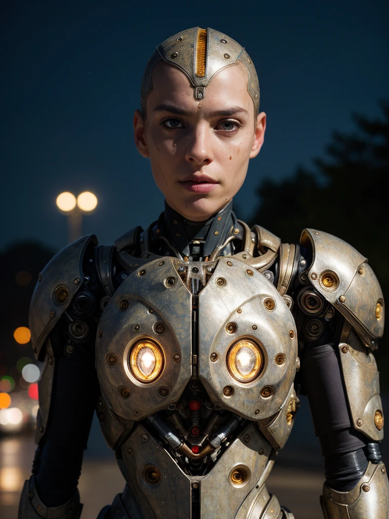 (best quality, masterpiece, highest detailed), (photorealistic:1.2), (detailed light:1.2), (Realistic skin texture:1.4), raw photo, professional portrait, cyborg, man and cyborg, symbiosis, semi-mechanical head, mechanical body , old rusty armor, powerful exoskeleton, night, Night City, dim light, dim color, gloomy lighting, (looks at the viewer)