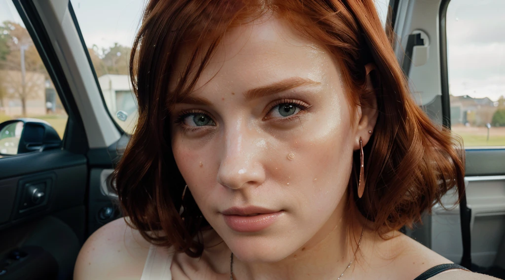 there is a red-haired woman and earrings in a car, cinematic realistic portrait, retrato suave fotografado em 8k, estilo de arte hiperrealista, 8k portrait rendering, realistic face moody lighting, retrato ultra realista, She is looking straight ahead and tears are crying on her faceestilo de arte fotorrealista, pintura digital realista, retrato ultra detalhado, hyperpintura digital realista, CG hiper-realista, ultra pintura digital realista, lindo rosto fotorrealista