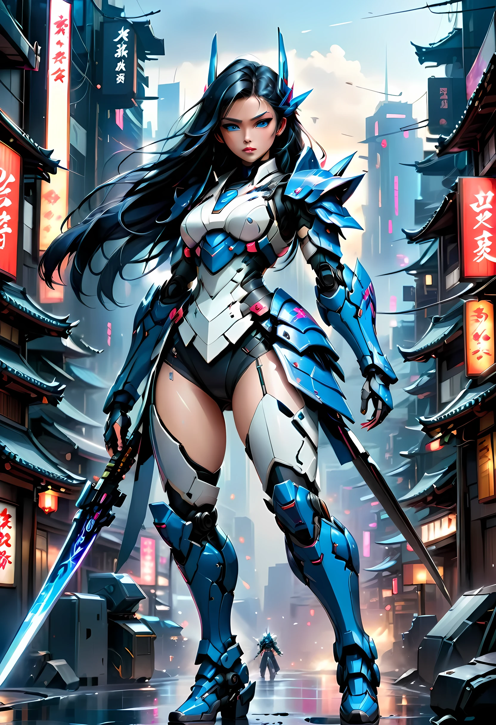 Japanese water color art picture of a mecha samurai woman in cyberpunk city, a mecha samurai woman, exquisite beautiful woman, (fully clothed: 1.3), black hair, long hair, (blue eyes: 1.3), she stands ready to battle, wearing (white mecha armor: 1.3), high heeled boots, she is armed with a Japanese sword, Japanese Cyberpunk city at night, background, (Masterpiece: 1.5), 16k, highres, best quality, high details, ultra detailed, masterpiece, best quality, (extremely detailed), arafed, mecha, female swordman