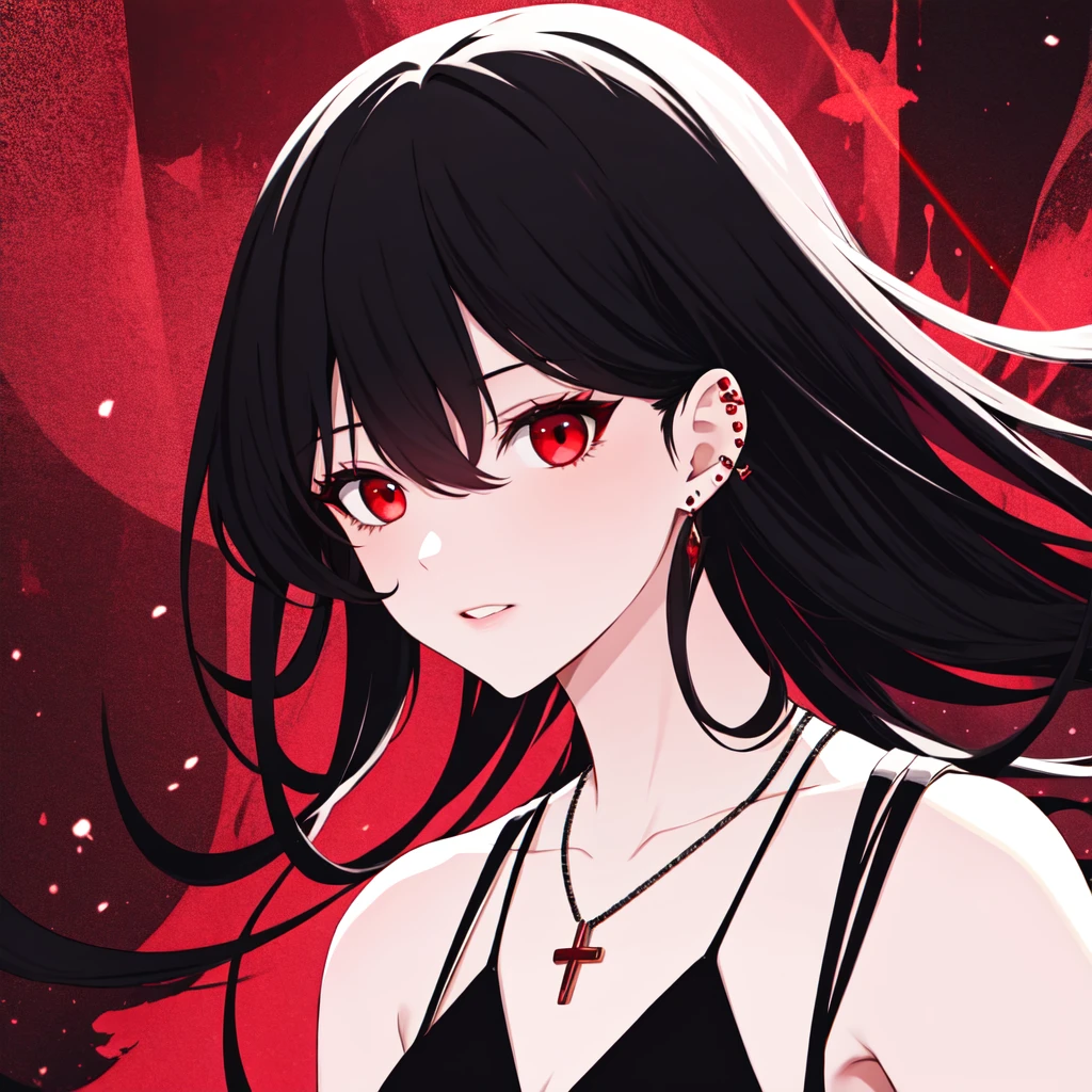 1girl, black hair, red eyes, long, black, wavy hair, with red highlights, red eyes, ear piercing, necklace, blood, light particles, light rays, wallpaper, high contrast, colorful