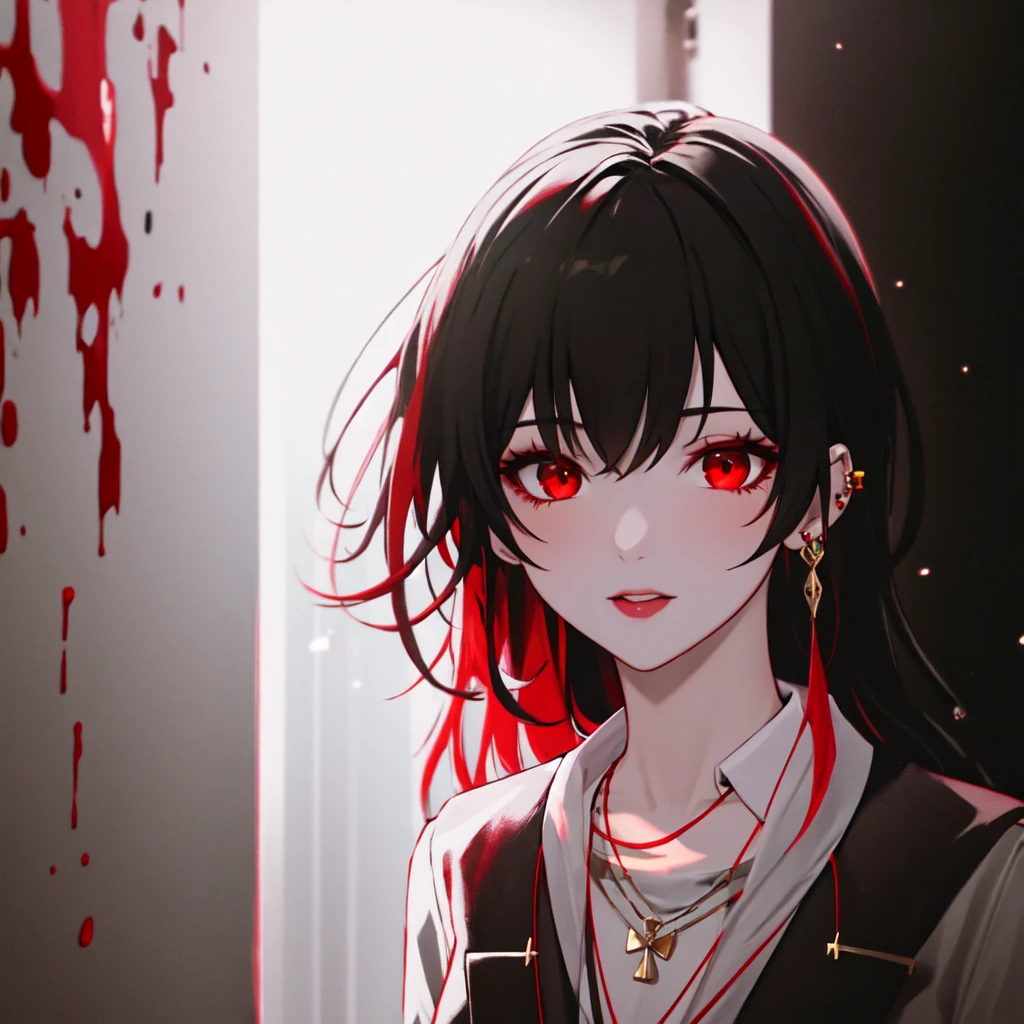 1girl, black hair, red eyes, long, black, wavy hair, with red highlights, red eyes, ear piercing, necklace, blood, light particles, light rays, wallpaper, high contrast, colorful