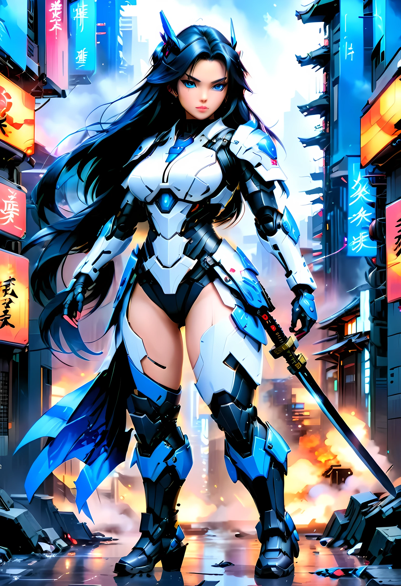 Japanese water color art picture of a mecha samurai woman in cyberpunk city, a mecha samurai woman, exquisite beautiful woman, (fully clothed: 1.3), black hair, long hair, (blue eyes: 1.3), she stands ready to battle, wearing (white mecha armor: 1.3), high heeled boots, she is armed with a Japanese sword, Japanese Cyberpunk city at night, background, (Masterpiece: 1.5), 16k, highres, best quality, high details, ultra detailed, masterpiece, best quality, (extremely detailed), arafed, mecha, female swordman
