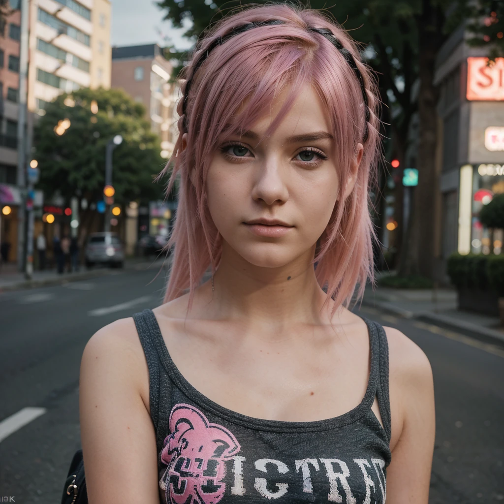 a beautiful 19 year old girl with pink hair, wearing emo style clothes, in a realistic photograph on a city street, close-up macro shot focused on the character, 4k resolution, realistic lighting