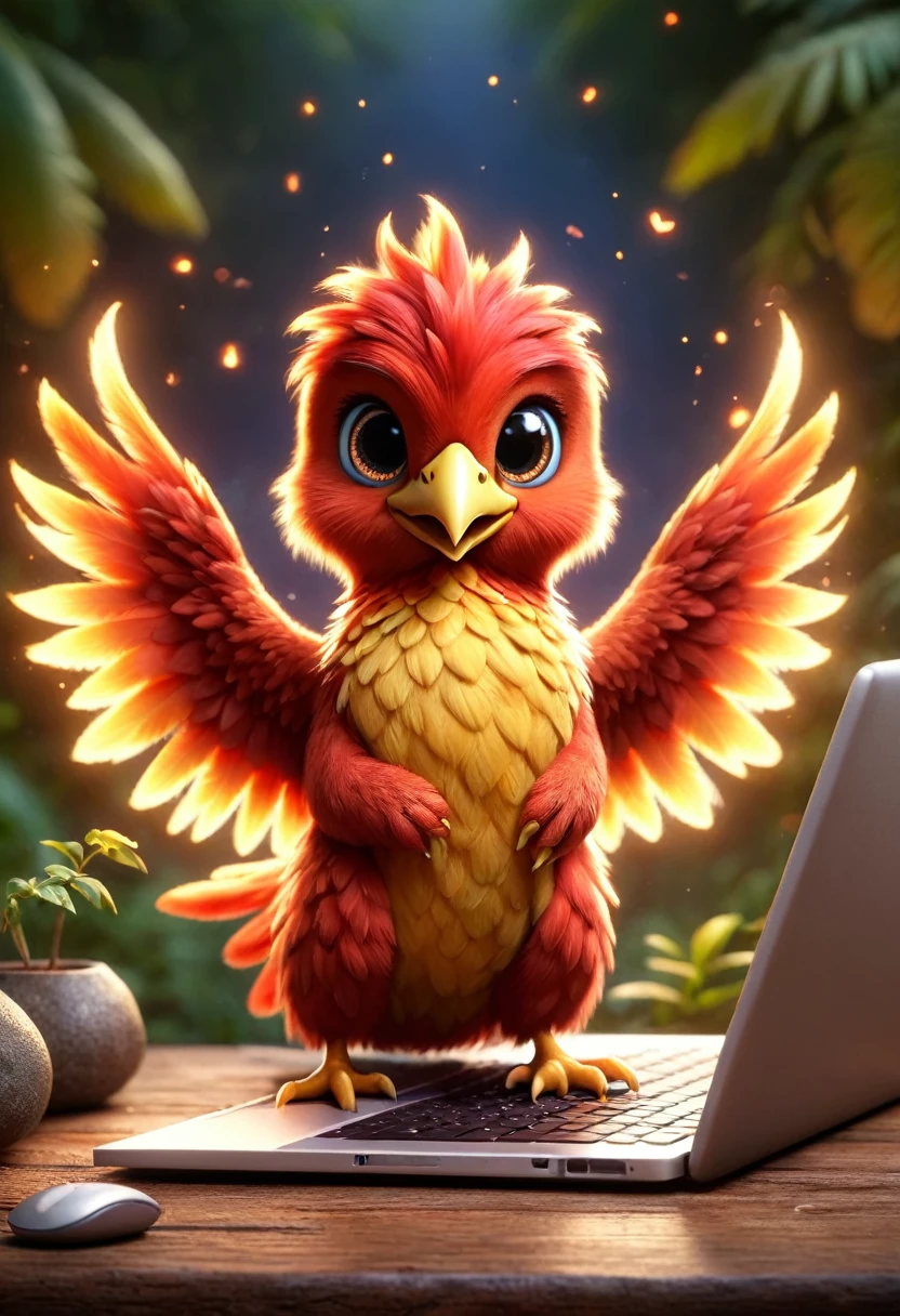 Poster design:Cute little phoenix bird very happy,peludo, with laptop