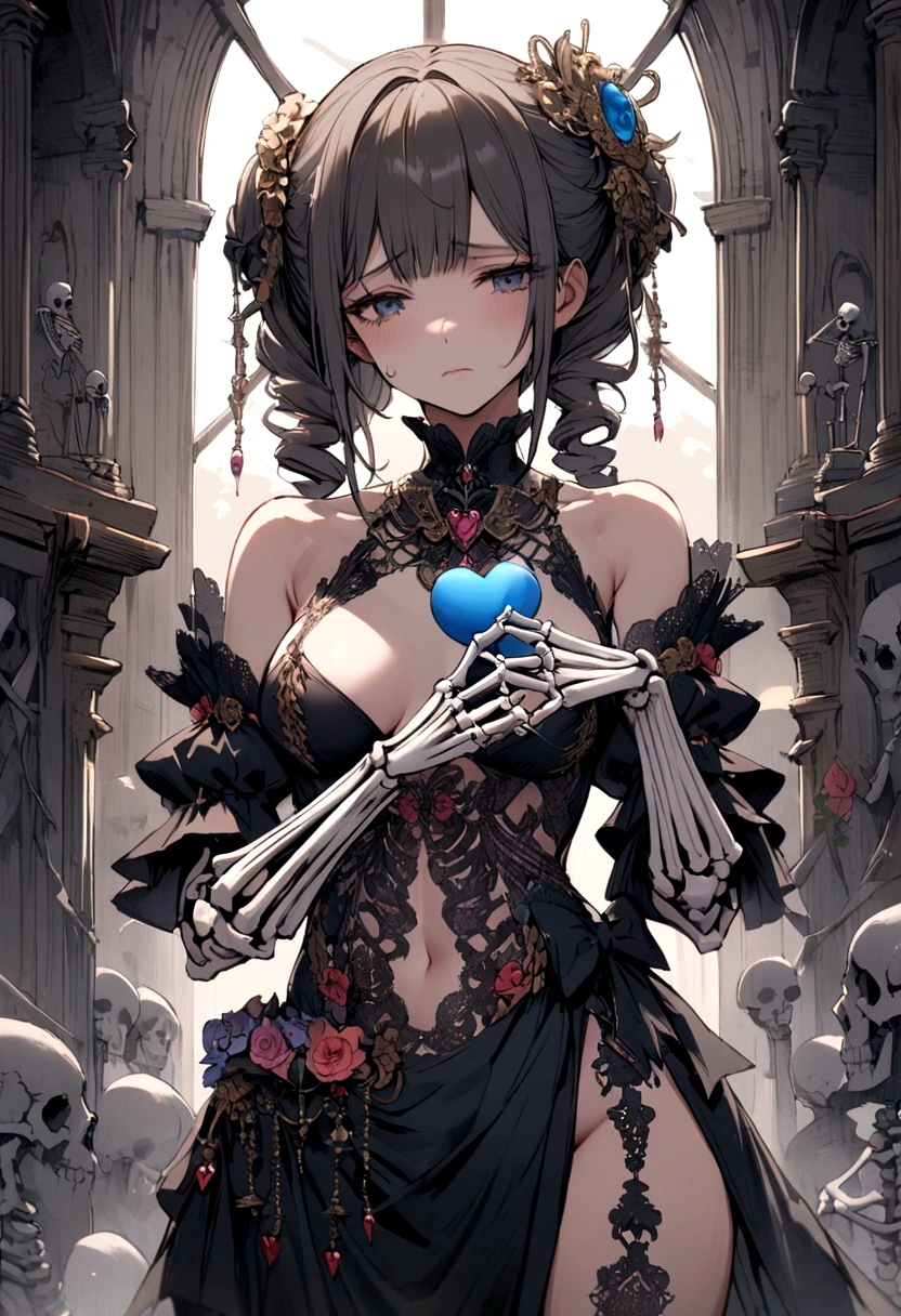 Sad,skeleton,girl,sexy,holding a heart in hand 