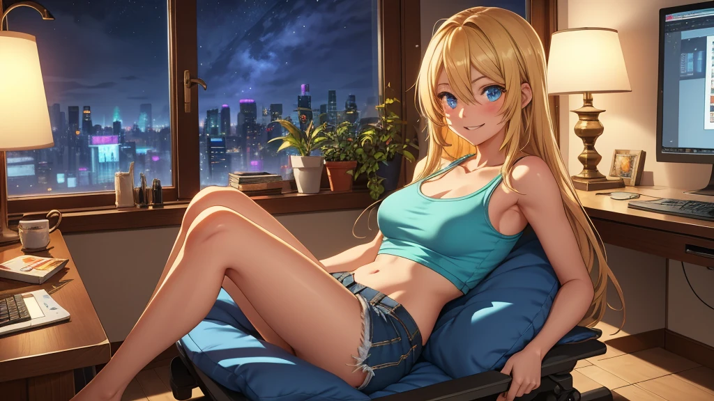 Create a high-quality, detailed image of a beautiful, sexy anime lofi girl with long blonde hair, bright blue eyes, and a smile, sitting at her gaming PC in a cozy lounge. She wears a tank top and shorts, showing her shoulder and midriff. The warm, inviting scene includes soft ambient lighting, comfortable seating, and a high-end PC setup with multiple monitors and RGB lighting. The girl is barefoot, and the setting is illuminated by a small lamp, creating a serene and intimate atmosphere