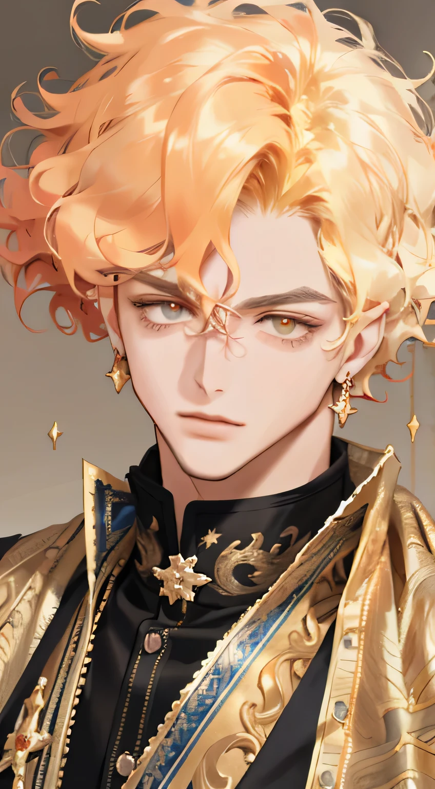 one boy,Bright eyes,Golden hair,wavy curly hair,,Red earrings,𝓡𝓸𝓶𝓪𝓷𝓽𝓲𝓬,elegance,young,pop art,Hyperresolution,accuracy,Detailed rendering,(cute face picture)(Picture of graceful hair)(top quality)(Workshop masterpieces)(High degree of completeness)(A sense of atmosphere)chedevr,ultra - detailed(half body portrait), blonde hair, short hair