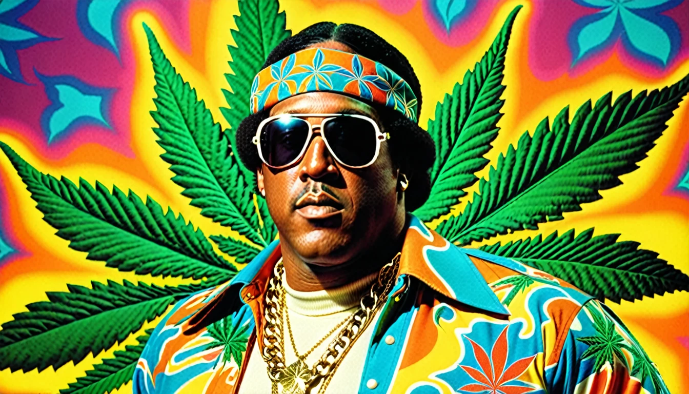 1970s photo of "Master P" wearing 1970s attire, psychedelic atmosphere, marijuana leaves,