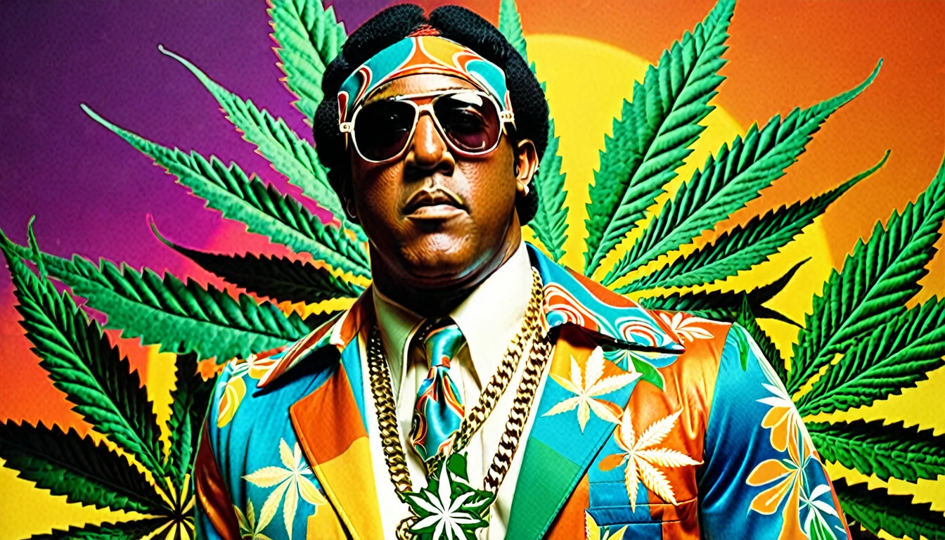 1970s photo of "Master P" wearing 1970s attire, psychedelic atmosphere, ????????? leaves,