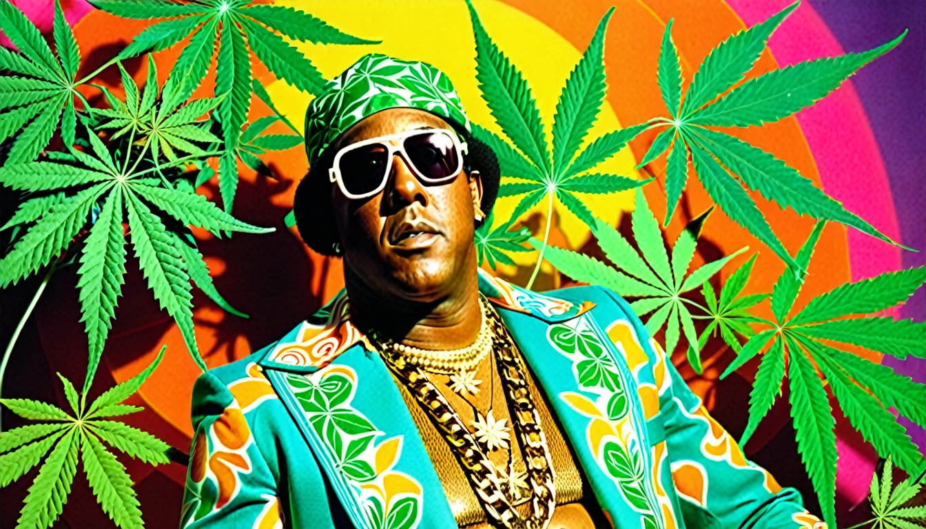 1970s photo of "Master P" wearing 1970s attire, psychedelic atmosphere, marijuana leaves,