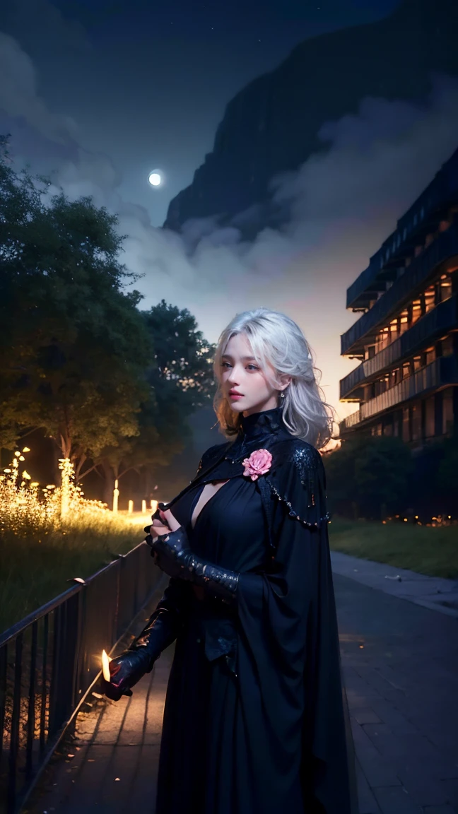 masterpiece, best quality, 1girl, (colorful),(finely detailed beautiful eyes and detailed face),cinematic lighting, bust shot, extremely detailed CG unity 8k wallpaper, white hair, solo, smile, shirtless ,((flying petal),(Flowery meadow) sky, cloudy sky, building, moonlight, moon, night, (dark theme:1.3), light, fantasy,