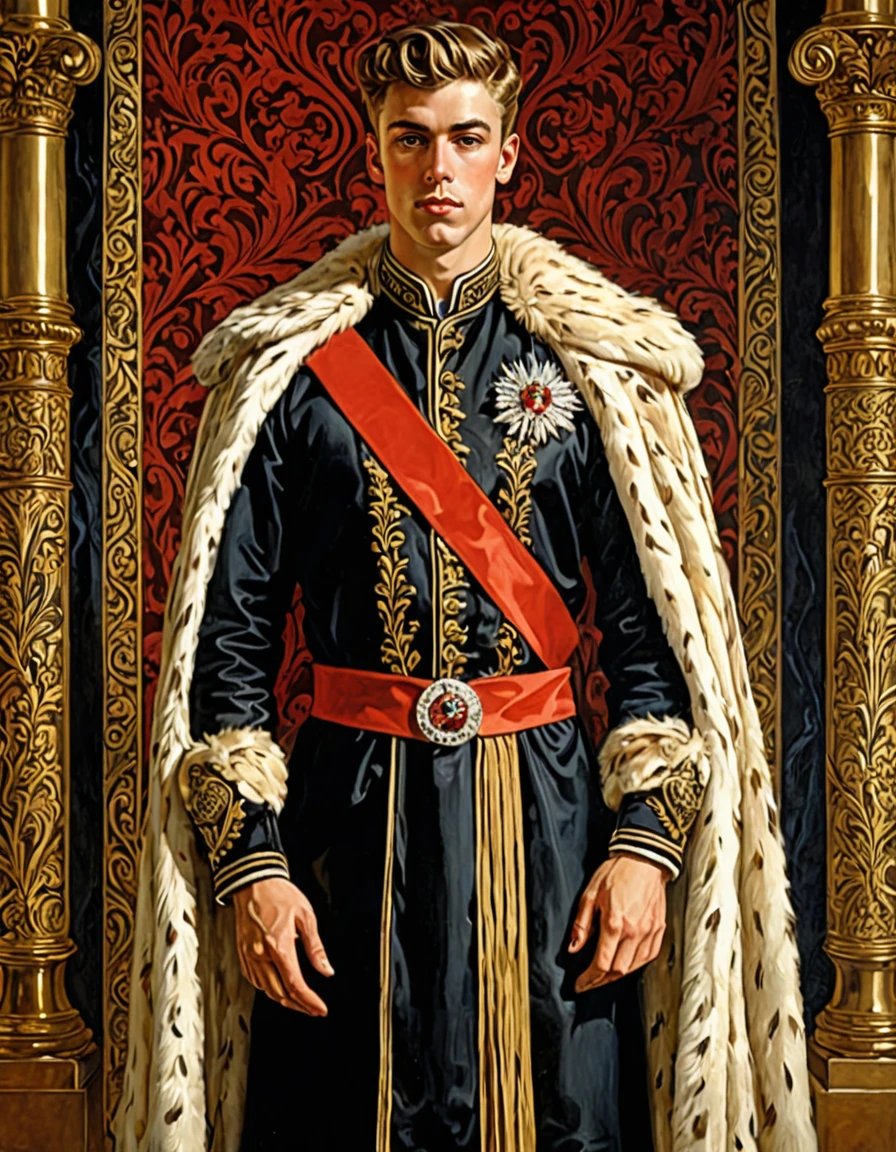 Design me a {{Colossal Masterpiece, high detail}}, a ((((full body portrait, male focus)))), ((by  Joseph Karl Stieler)), (by J. C. Leyendecker), the composition is: (((a very young male nobleman, sullen, facing viewer. He is wearing a fur hat. He is wearing a black Slavic caftan with Praetorian elements, sashes, medals, red diamond pendants)))