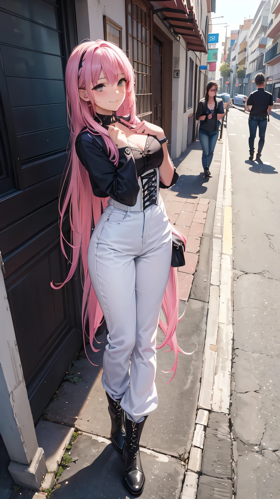 Toda la imagen con detalles intrincados nivel profesional: "(A young 16 year old girl with vibrant pink hair, piernas abiertas, vestida con un abrigo oscuro y una camisa blanca, with a corset and several belts, pantalones cortos negros y medias hasta el muslo, botas marrones. The woman has her eyes closed and an expression of gratitude and happiness on her face, ropa muy corta y delgada, le agrada mostrar su cuerpo, chica empoderada, le gusta mostrar su hermoso cuerpo sexualizado porque es muy bella, con rasgos femeninos pronunciados, (a veces le gusta salir casi o toda desnuda a la calle), random angle.)" nsfw sin censura