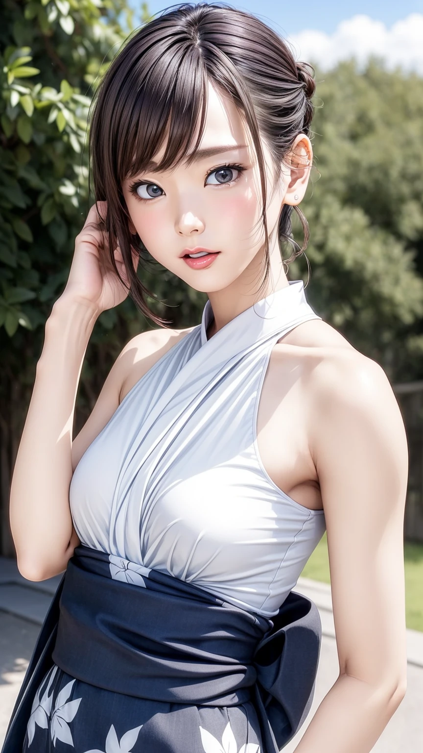 8K quality、High resolution、Realistic skin texture、High resolutionの瞳、woman、Open-shouldered yukata、One-shoulder yukata、Princess Hair、thin、リアルなwoman器、Small breasts、Realistic tongue、Gray Hair、thin脚、Wet body、Reader model、Slender model figure、Bold Pose、Shooting from below、Mouth open