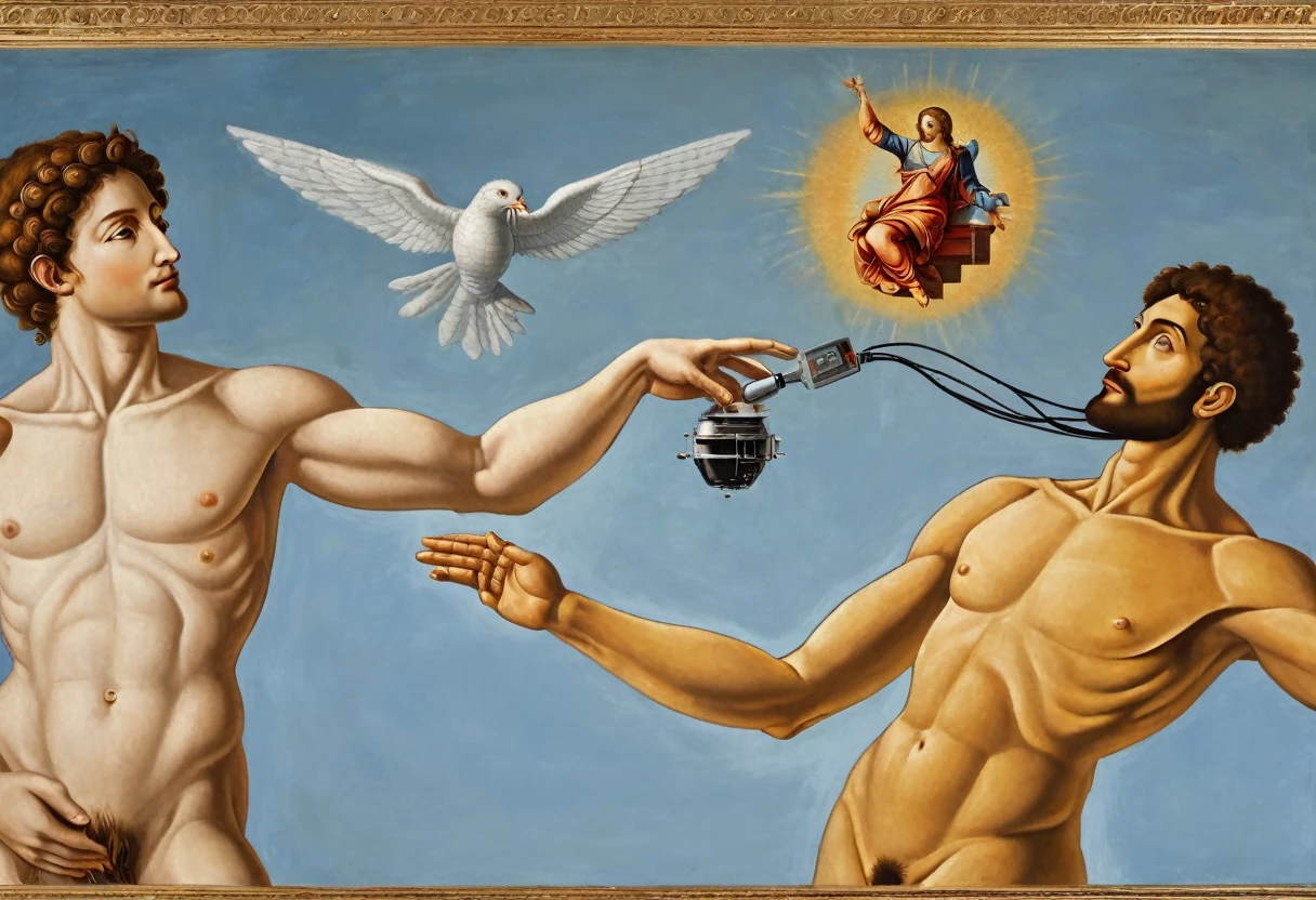 a modern interpretation of "The Creation of Adam" - one where technology and humanity coexist in harmony,moves across the canvas, the robot is in the place of god, it brings to life, rather than a divine being creating man in Renaissance-style