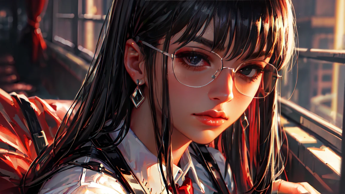 (Masterpiece, Best Quality, Ultra High Resolution) Fancy woman in a vintage look, with red detailed eyes, in business suit with red tie and white shirt, dark half-rimmed aviator glasses, The character is half-turned , looking sideways into the distance.