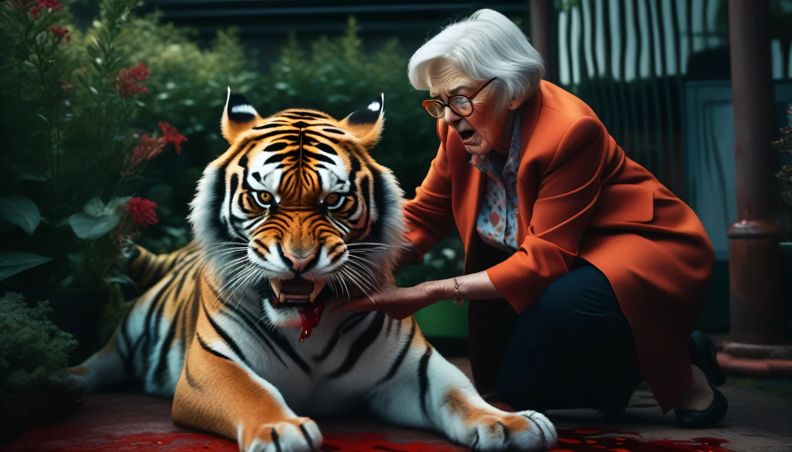 a realistic old lady playing with a bloody angry tiger, british style garden, analog photography, photorealistic, 8k, best quality, high detail, hyperrealistic, dramatic lighting, moody colors, cinematic composition, striking poses, powerful expressions