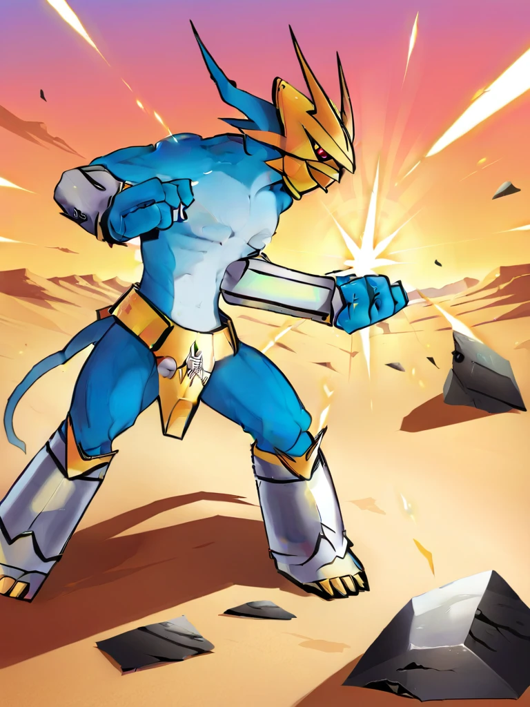 solo,angry Magnamon,tall, blue and white skin,(battle damaged:1.5),(topless Magnamon:2),(armor fragments:1.5),(shirtless:1.5), fighting_stance, in desert ,full_shot