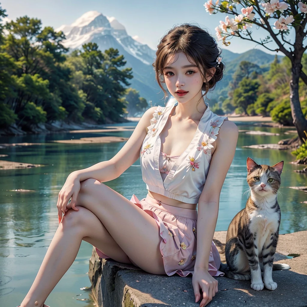 Masterpiece, Best quality, high resolution, realistic , hyperrealism , lifelike photography ,2024s, , alluring beautiful full body shot, (curly blondish brunette long hair, blue beautiful eyes), white skin with freckles,((( beautiful short cut naughty vest with flower embroidery mini skirt ))), beautiful golden  necklaces & bracelets, elegant bearing, beautiful landscape background of a rose & lilac orchid garden, high budget , beautiful mesmerizing face and small nose, long and curly sparkling hair , holding a beautiful orange stray cat , clivage , sunset , pink clouds , yellowish red rays at the horizon, elegant posing, beautiful legs, fit body, gorgeous Russian woman standing and naughty posing at the lagoon shores, back shot, side shot , front shot, blue lagoon , full body shot at the frame , naughty smile , deep cut chest style dress,(( very short skirt)) ,windy summer breeze , reasonable naked body parts, reasonable nudity ,((((cute cats sitting around her)))), naughty girl , very cute smile, bra and underwear is seen ,(( lingerie is seen)) , 20 years old Russian girl ,