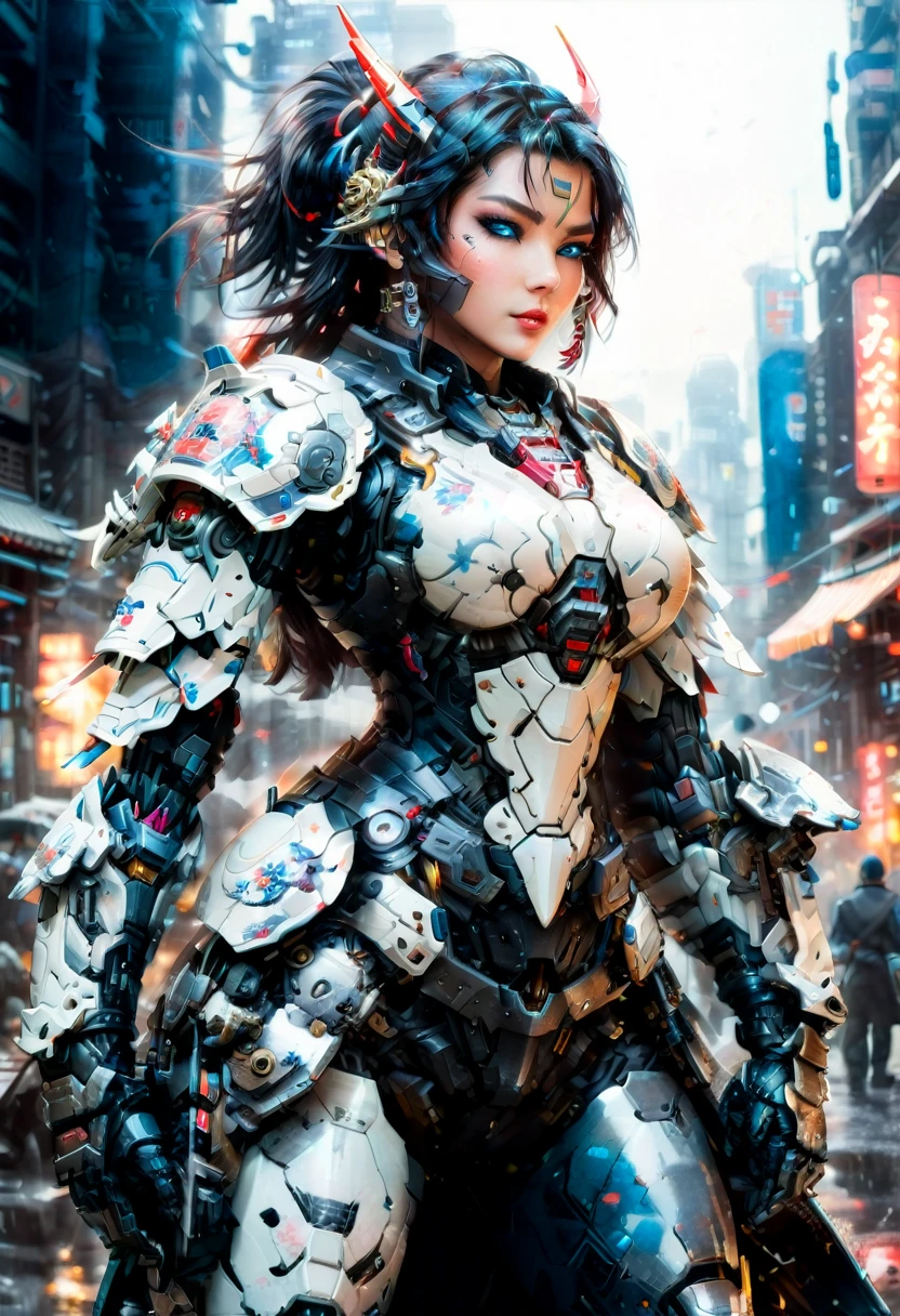 Japanese water color art picture of a mecha samurai woman in cyberpunk city, a mecha samurai woman, ultra feminine, exquisite beautiful woman, (fully clothed: 1.3), black hair, long hair, (blue eyes: 1.3), she stands ready to battle, wearing (white mecha armor: 1.3), high heeled boots, she is armed with a Japanese sword, Japanese Cyberpunk city at night, background, (Masterpiece: 1.5), 16k, highres, best quality, high details, ultra detailed, masterpiece, best quality, (extremely detailed), arafed, mecha,