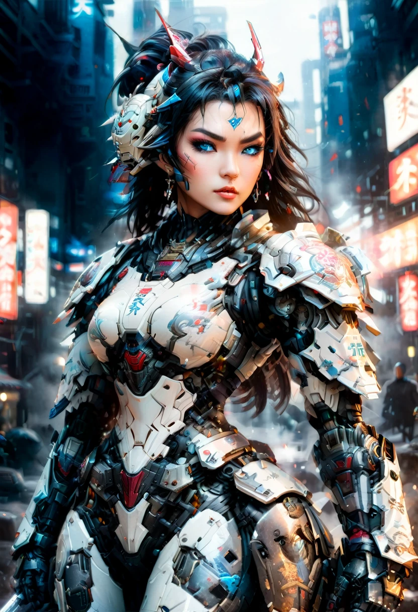 Japanese water color art picture of a mecha samurai woman in cyberpunk city, a mecha samurai woman, ultra feminine, exquisite beautiful woman, (fully clothed: 1.3), black hair, long hair, (blue eyes: 1.3), she stands ready to battle, wearing (white mecha armor: 1.3), high heeled boots, she is armed with a Japanese sword, Japanese Cyberpunk city at night, background, (Masterpiece: 1.5), 16k, highres, best quality, high details, ultra detailed, masterpiece, best quality, (extremely detailed), arafed, mecha, 