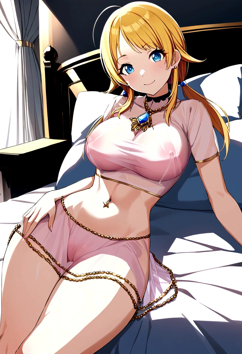 nude Hachimiya Meguru with blue eyes, blonde hair and with very large breasts and a very thin waist in a pink see-through t-shirt, short pink wee-through skirt and twintails , smiling while looking at the viewer. She is lying on a bed covered in pillows in a palace bedroom. She wears a jewel navel piercing, and long golden chain earrings. She has a nude crotch.