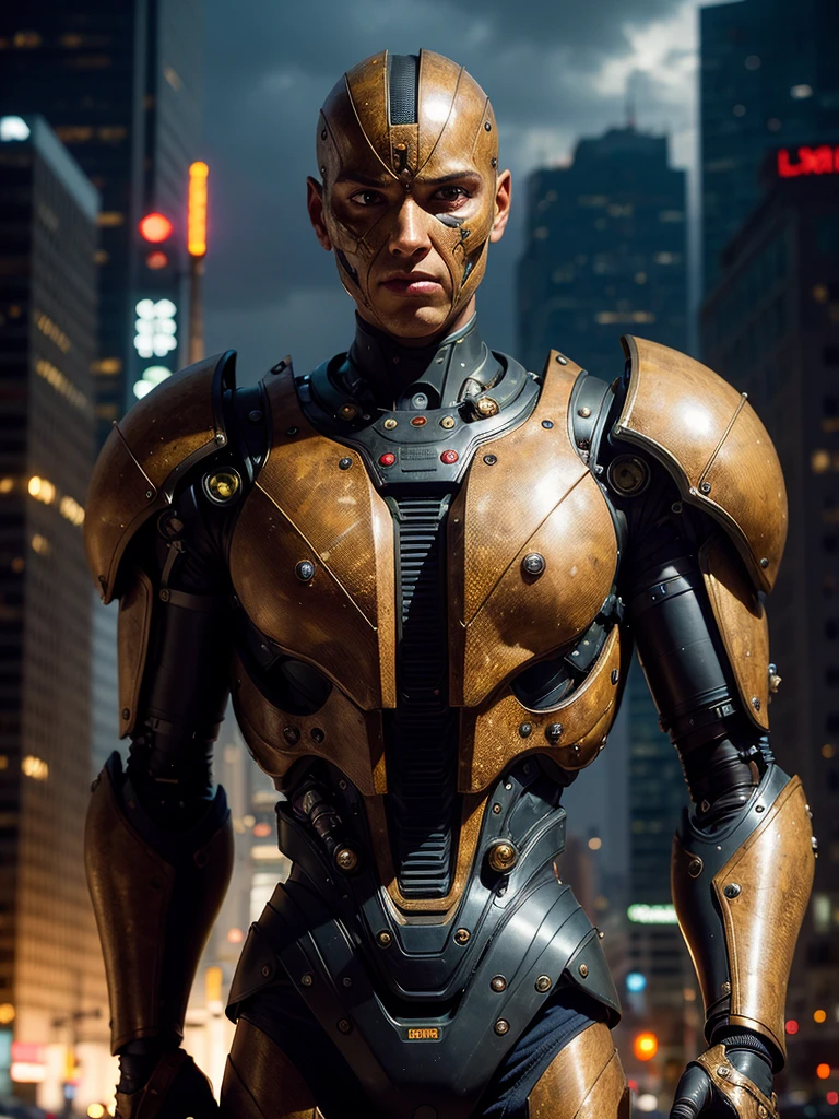 (best quality, masterpiece, highest detailed), (photorealistic:1.2), (detailed light:1.2), (Realistic skin texture:1.4), raw photo, professional portrait, cyborg, man and cyborg, symbiosis, semi-mechanical head, mechanical body , old rusty armor, powerful exoskeleton, night, Night City, dim light, dim color, gloomy lighting, (looks at the viewer)