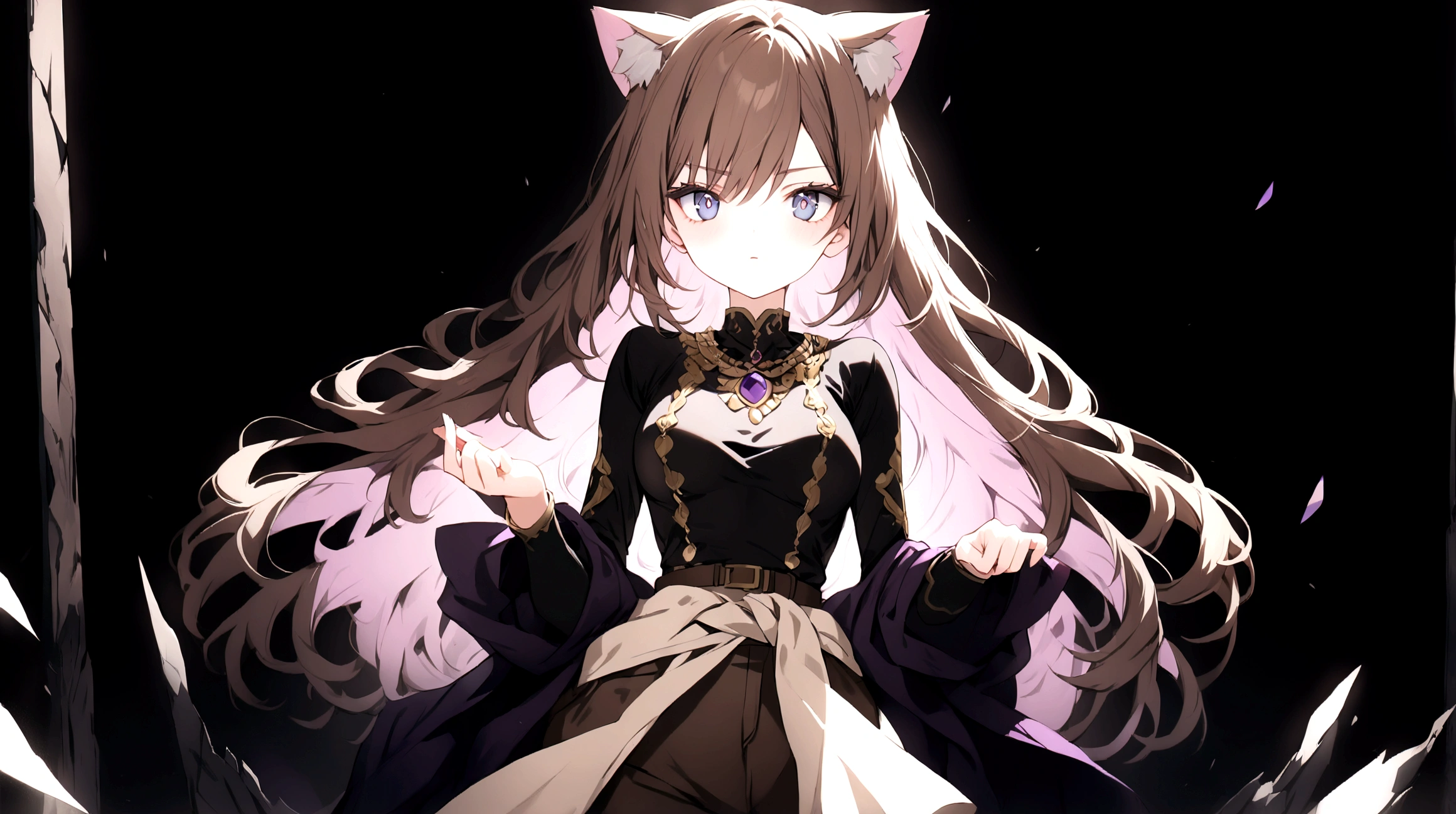 (1girl, Masterpiece, best quality) (detailed and beautiful eyes:1.6) (perfect hands, perfect anatomy) A young female character with long, brown hair featuring lighter streaks, styled in loose waves. She has striking (purple eyes and a confident, slightly defiant expression). She has distinctive (cat-like ears, brown with pink inner fur with tail. She wears a black and dark purple form-fitting top fantasy adventurer adorned with gold and red accents, including intricate patterns. Over this, she has a dark-purple cloak covering with gold detailing. Accessories include a fiolet gemstone necklace and a belt with gold ornaments. The character is depicted in a dynamic low-angle shot, giving a sense of power and movement. The lighting is warm and dramatic, with strong highlights and shadows enhancing the overall design. She has a brown belt with dark fiolet accents cinched around her waist and (wears brown pants) with armored greaves.
