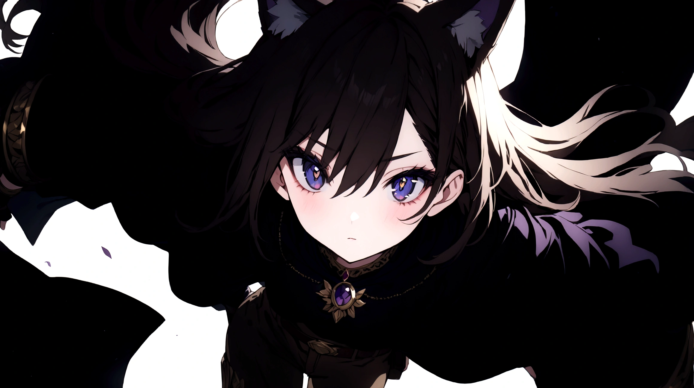 (1girl, Masterpiece, best quality) (detailed and beautiful eyes:1.6) (perfect hands, perfect anatomy) A young female character with long, brown hair featuring lighter streaks, styled in loose waves. She has striking (purple eyes and a confident, slightly defiant expression). She has distinctive (cat-like ears, brown with pink inner fur with tail. She wears a black and dark purple form-fitting top fantasy adventurer adorned with gold and red accents, including intricate patterns. Over this, she has a dark-purple cloak covering with gold detailing. Accessories include a fiolet gemstone necklace and a belt with gold ornaments. The character is depicted in a dynamic low-angle shot, giving a sense of power and movement. The lighting is warm and dramatic, with strong highlights and shadows enhancing the overall design. She has a brown belt with dark fiolet accents cinched around her waist and (wears brown pants) with armored greaves.