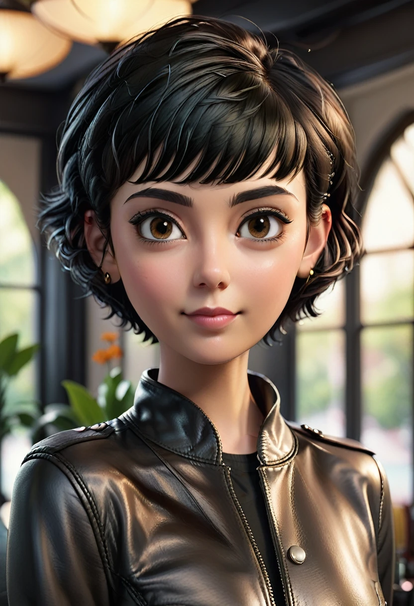 A digital portrait of a young woman aged between 18-25 years old. She has short, black pixie-cut hair. Her face is oval-shaped with smooth lines, thick and neat black eyebrows, large round dark brown eyes, a small pointed nose, and thin lips with a wide, friendly smile. She is wearing a black leather jacket over a grey t-shirt. The style should be photorealistic with a slight touch of anime or 3D character design, highly detailed, vibrant colors, and soft lighting