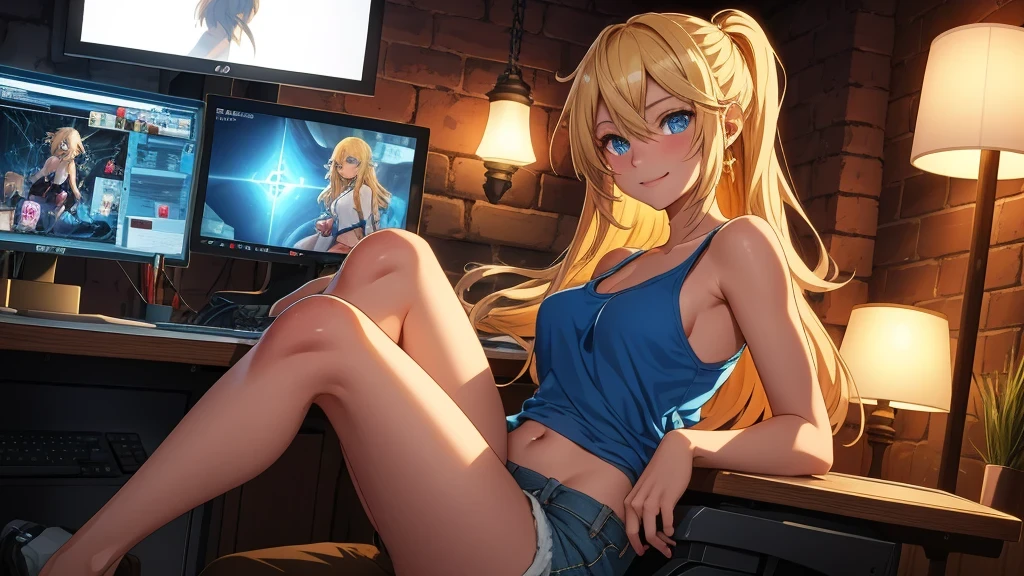 Create a high-quality, detailed image of a beautiful, y anime lofi girl with long blonde hair, bright blue eyes, and a smile, sitting at her gaming PC in a cozy lounge. She wears a tank top and shorts, showing her shoulder and midriff. The warm, inviting scene includes soft ambient lighting, comfortable seating, and a high-end PC setup with multiple monitors and RGB lighting. The girl is barefoot, and the setting is illuminated by a small lamp, creating a serene and intimate atmosphere