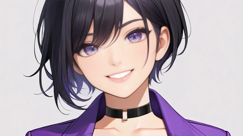 (white background:1.1), Tomboy Girl, Smart, Mature, Sexy, Short black hair, Black Plain chokers, purple pupil eyes, Wearing sleek black crop top under short purple jacket, Smiling.