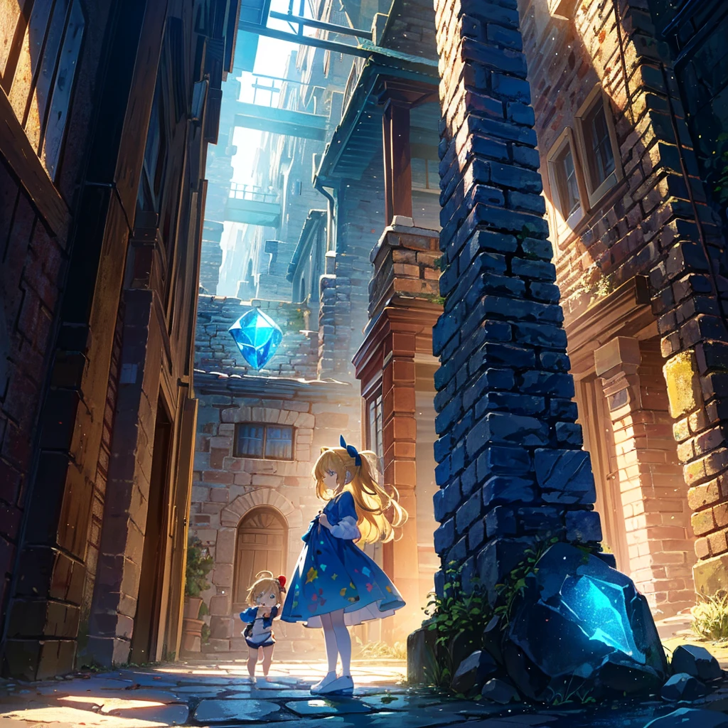 Italian style scenery (multiple brick towers, old townscapes, castle walls, robots made from old machines), 1 girl (), cute children's underwear, red headband, light blue dress (long hem) ), (Short arms: 1 and a half years old), Round face, (Little girle feet, (Child: 1 and a half years old), (Baby face: 1.4))), Sunlight, Flat chest, Blonde, Super long hair, Head Hair tied up, surface effects, color effects) profile, the girl is standing on top of a stone tower, there is a blue gem on the girl's chest, the gem emits yellow light and the light stretches towards the sky, a special Effect, {{{((Super hand-painted style illustration, pale colors, beautiful colors, chic colors))}}}Deltamon