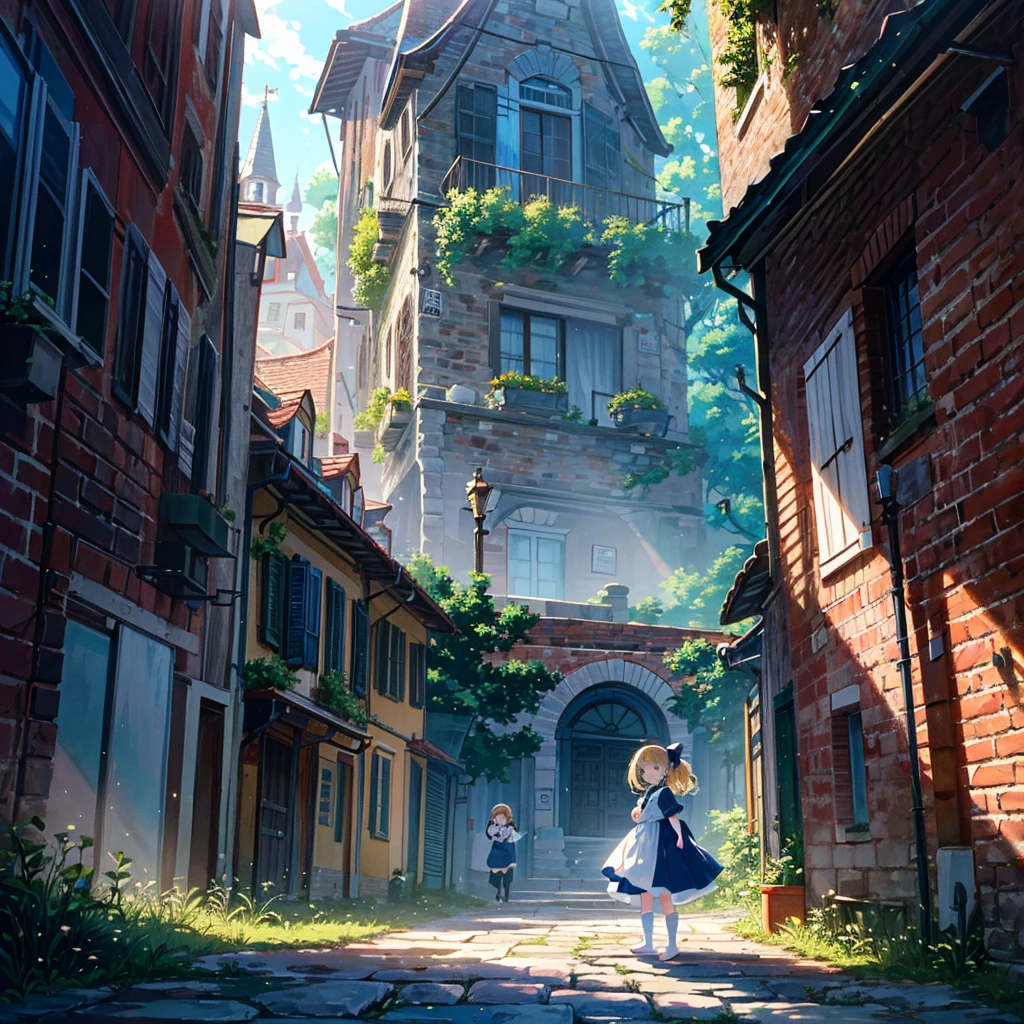 Italian style scenery (multiple brick towers, old townscapes, castle walls, robots made from old machines), 1 girl (3 years old), cute children's underwear, red headband, light blue dress (long hem) ), (Short arms: 1 and a half years old), Round face, (Little girl: 1.8), Bare feet, (Child: 1 and a half years old), (Baby face: 1.4))), Sunlight, Flat chest, Blonde, Super long hair, Head Hair tied up, surface effects, color effects) profile, the girl is standing on top of a stone tower, there is a blue gem on the girl's chest, the gem emits yellow light and the light stretches towards the sky, a special Effect, {{{((Super hand-painted style illustration, pale colors, beautiful colors, chic colors))}}}Deltamon