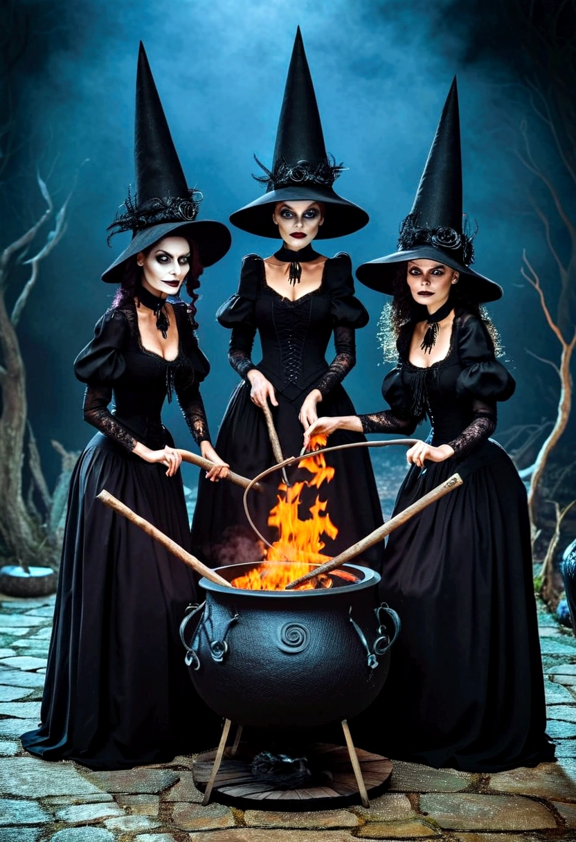 Three witches, dressed in black, friendly faces, cauldron in the center, performing a ritual, drawing, details, animation, Tim Burton style