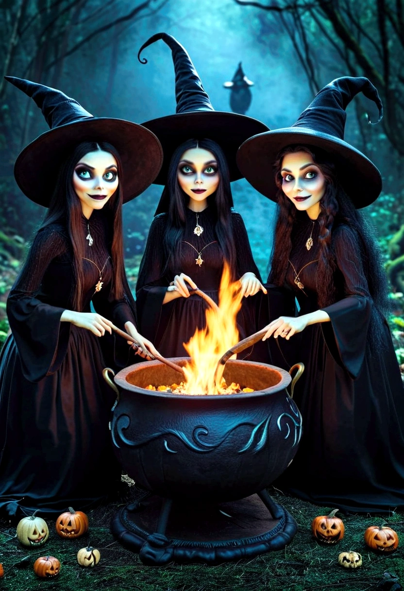 Three witches, dressed in black, friendly faces, cauldron in the center, performing a ritual, drawing, details, animation, Tim Burton style