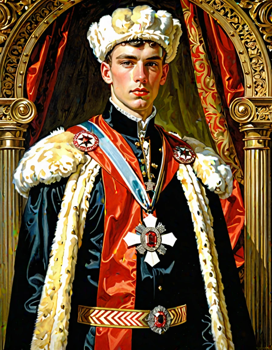 Design me a {{Colossal Masterpiece, high detail}}, a ((((full body portrait, male focus)))), ((by  Joseph Karl Stieler)), (by J. C. Leyendecker), the composition is: (((a very young male nobleman, sullen, facing viewer. He is wearing a fur hat. He is wearing a black Slavic caftan with Praetorian elements, sashes, medals, red diamond pendant)))