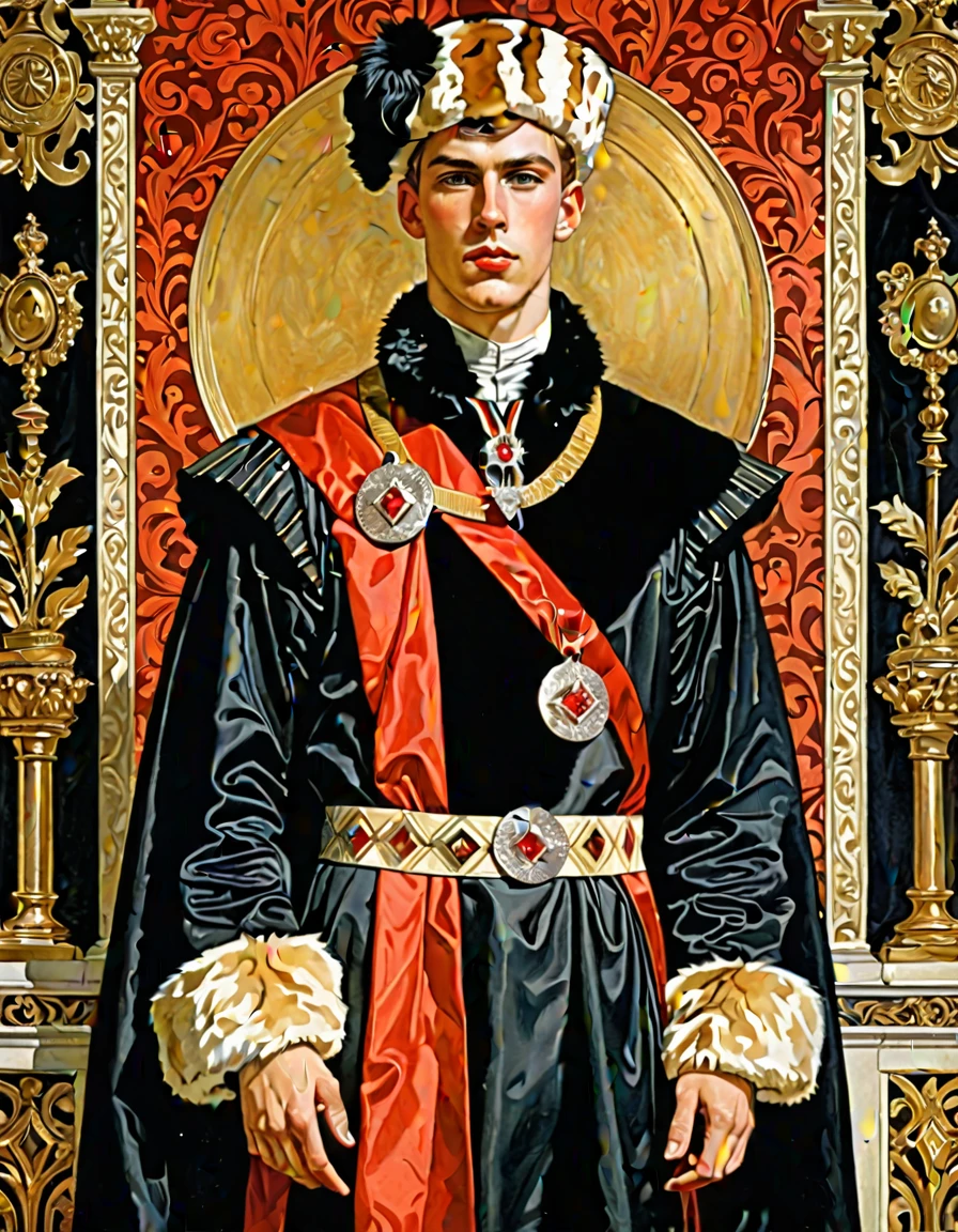Design me a {{Colossal Masterpiece, high detail}}, a ((((full body portrait, male focus)))), ((by Joseph Karl Stieler)), (by J. C. Leyendecker), the composition is: (((a very young male nobleman, sullen, facing viewer. He is wearing a fur hat. He is wearing a black Slavic caftan with Praetorian elements, sashes, medals, red diamond pendant)))