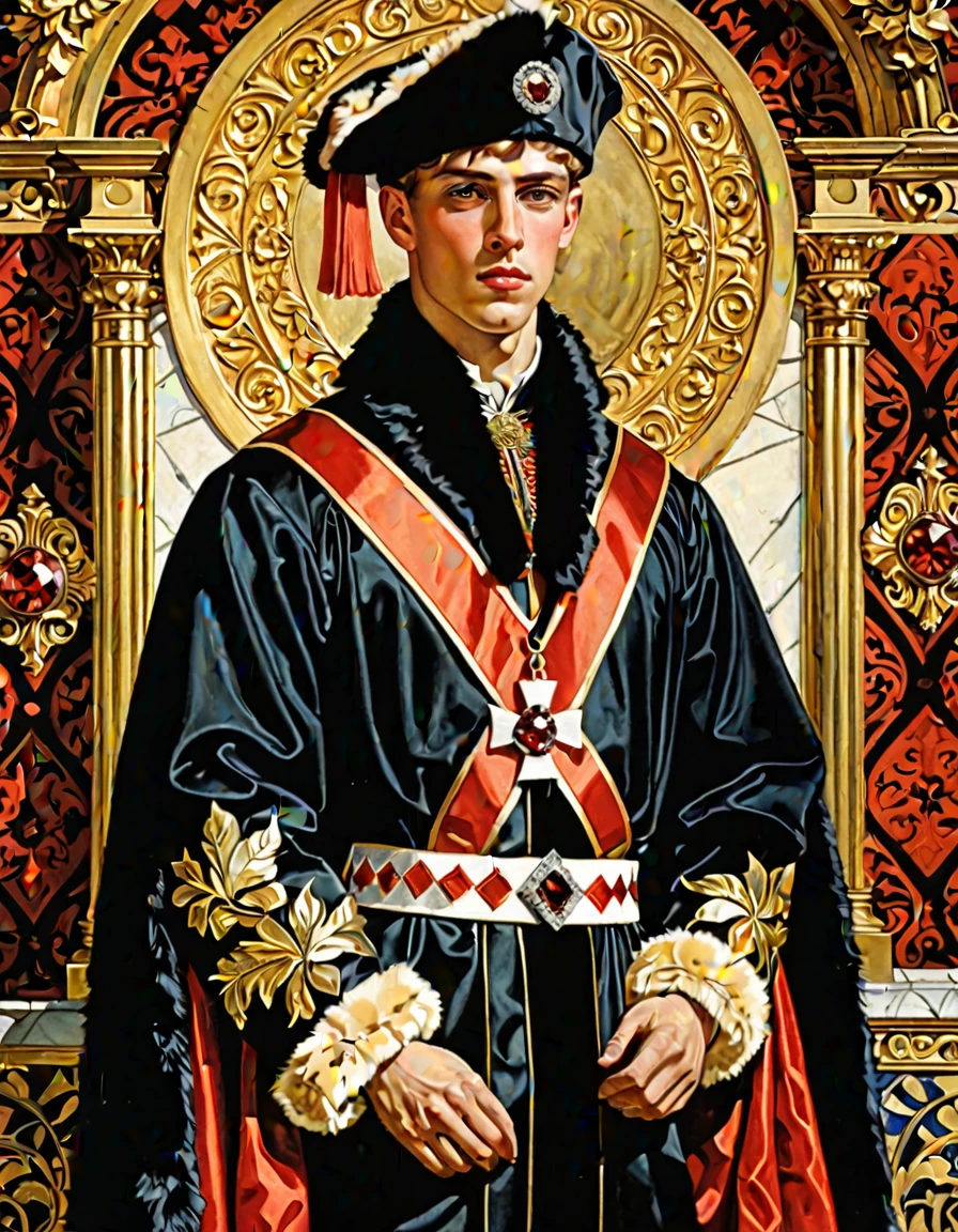 Design me a {{Colossal Masterpiece, high detail}}, a ((((full body portrait, male focus)))), ((by  Joseph Karl Stieler)), (by J. C. Leyendecker), the composition is: (((a very young male nobleman, sullen, facing viewer. He is wearing a fur hat. He is wearing a black Slavic caftan with Praetorian elements, sashes, medals, red diamond pendant)))