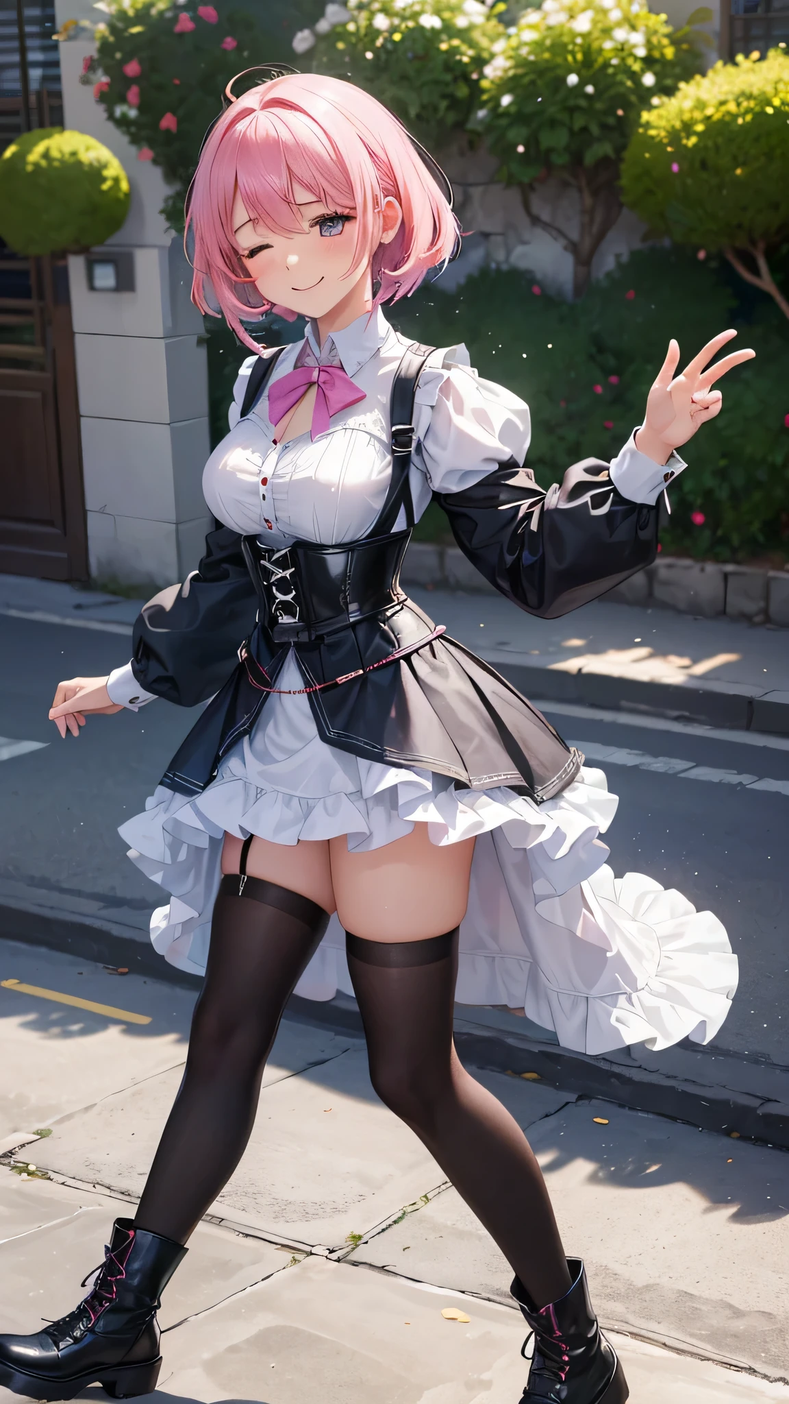 Toda la imagen con detalles intrincados nivel profesional: "(A young 16 year old girl with vibrant pink hair, piernas abiertas, vestida con una camisa blanca escotada y desabotonada muy delgada casi transparente como el aire, with a corset and several belts, minifalda muy corta plegada color negro y medias hasta el muslo, botas marrones. The woman has her eyes closed and an expression of gratitude and happiness on her face, ropa muy corta y delgada, le agrada mostrar su cuerpo, chica empoderada, le gusta mostrar su hermoso cuerpo sexualizado porque es muy bella, con rasgos femeninos pronunciados, (a veces le gusta salir casi o toda desnuda a la calle), random angle.)"