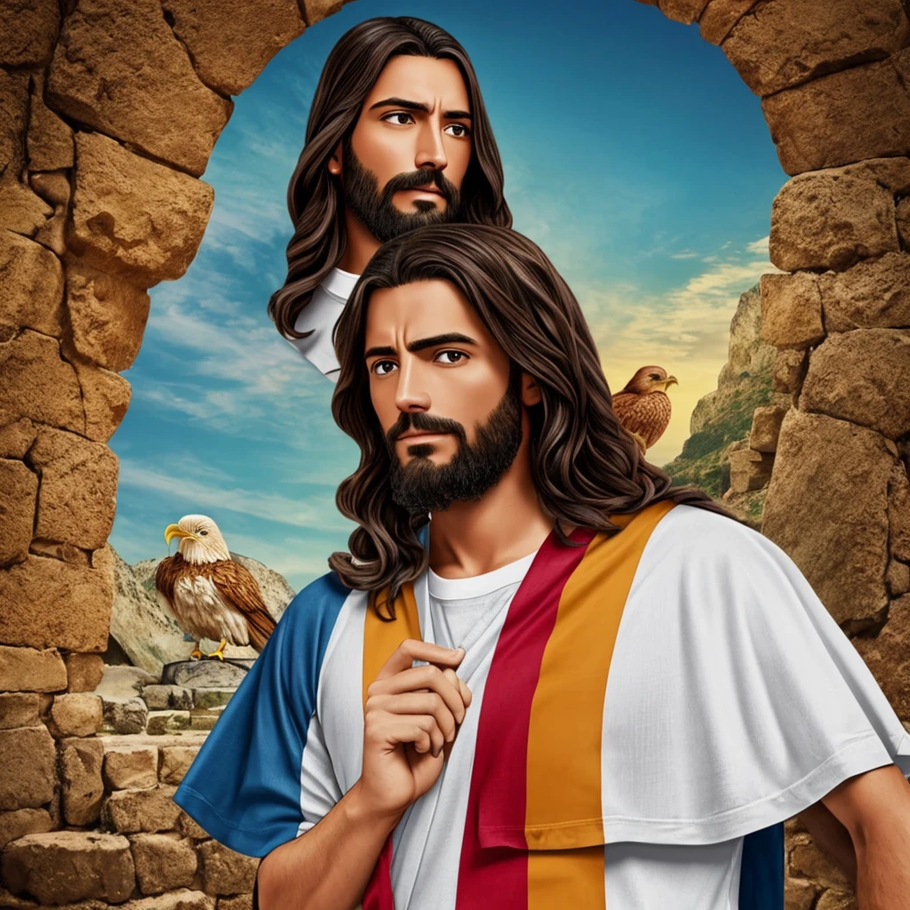 Jesus de la biblia (en la actualidad) (con playera de una aguila real) 