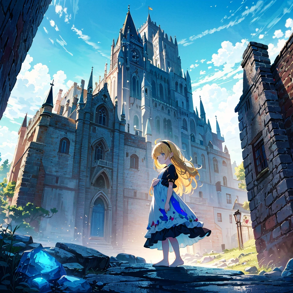 Italian style scenery (multiple brick towers, old townscapes, castle walls, robots made from old machines), 1 girl (3 years old), cute children's underwear, red headband, light blue dress (long hem) ), (Short arms: 1 and a half years old), Round face, (Little girl: 1.8), Bare feet, (Child: 1 and a half years old), (Baby face: 1.4))), Sunlight, Flat chest, Blonde, Super long hair, Head Hair tied up, surface effects, color effects) profile, the girl is standing on top of a stone tower, there is a blue gem on the girl's chest, the gem emits yellow light and the light stretches towards the sky, a special Effect, {{{((Super hand-painted style illustration, pale colors, beautiful colors, chic colors))}}}Deltamon